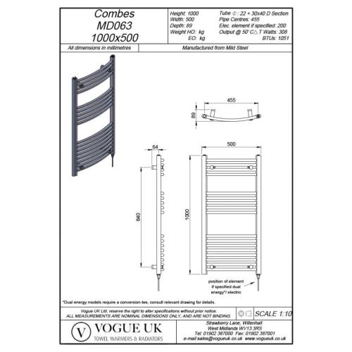 Vogue Combes 1000 x 500mm Curved Ladder Towel Rail Heating Only Chrome 1051BTU MD063 MS10050CP